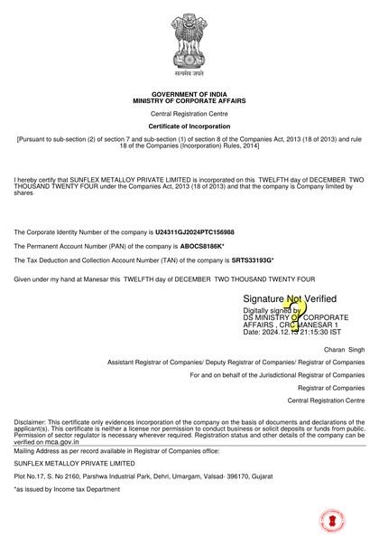 Certificate of Incorporation of Sunflex Metalloy Private Limited, Ministry of Corporate Affairs, manufacturer of bronze and gunmetal flanges