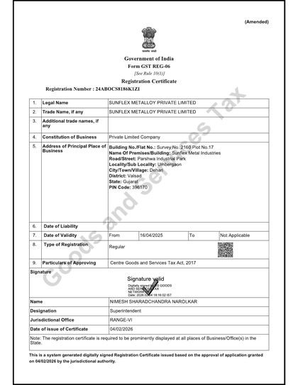 GST registration certificate of Sunflex Metalloy Private Limited, Gujarat, bronze and gunmetal flanges manufacturer