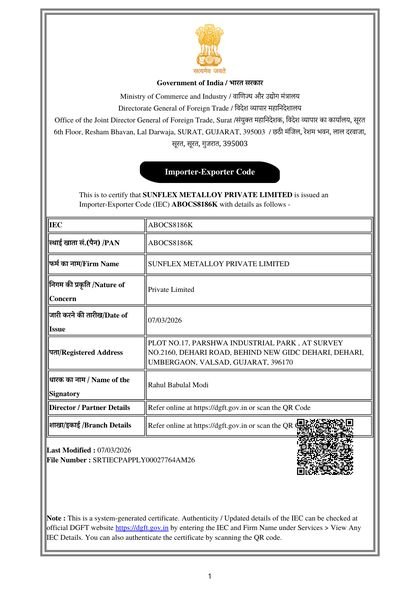 Importer-Exporter Code (IEC) certificate of Sunflex Metalloy Private Limited, DGFT, bronze flanges exporter from India