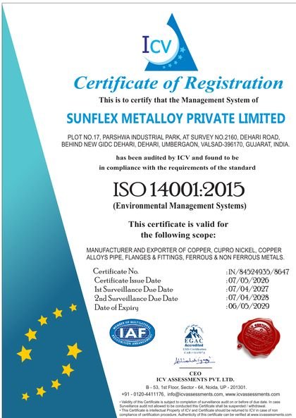 ISO 14001:2015 environmental management system certificate of Sunflex Metalloy Pvt. Ltd., bronze flanges manufacturer and exporter India